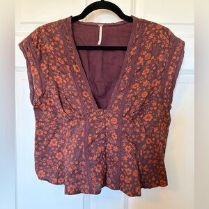 Free People Floral V-Neck Top - Purple and Orange